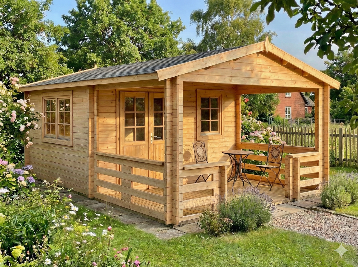 Mona klassisk bjælkehus på 21,9 m² med overdækket terrasse fra Sølund Huse