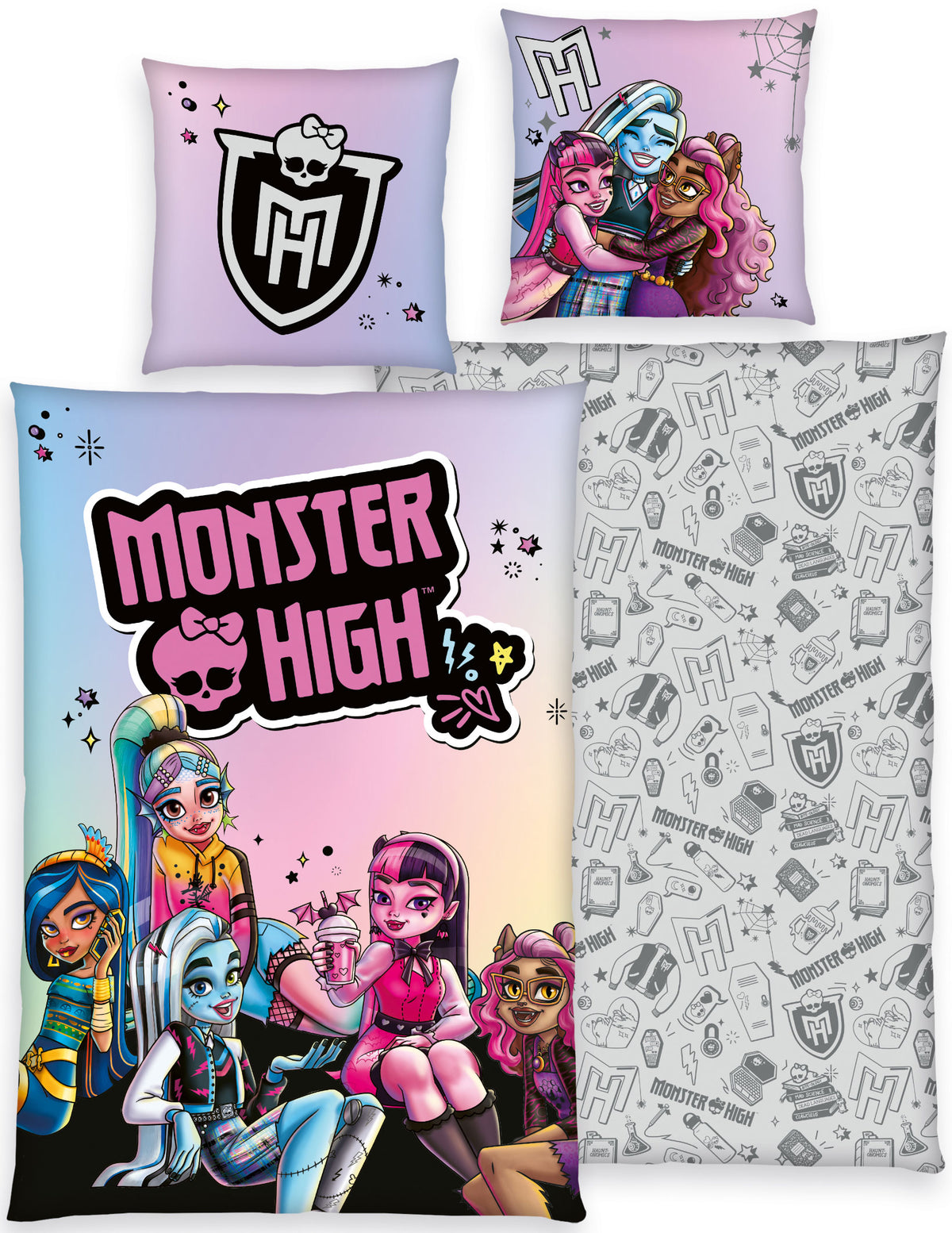Monster High sengetøj fra Herding med karakterer og logo i rosa, lilla, blå og sort