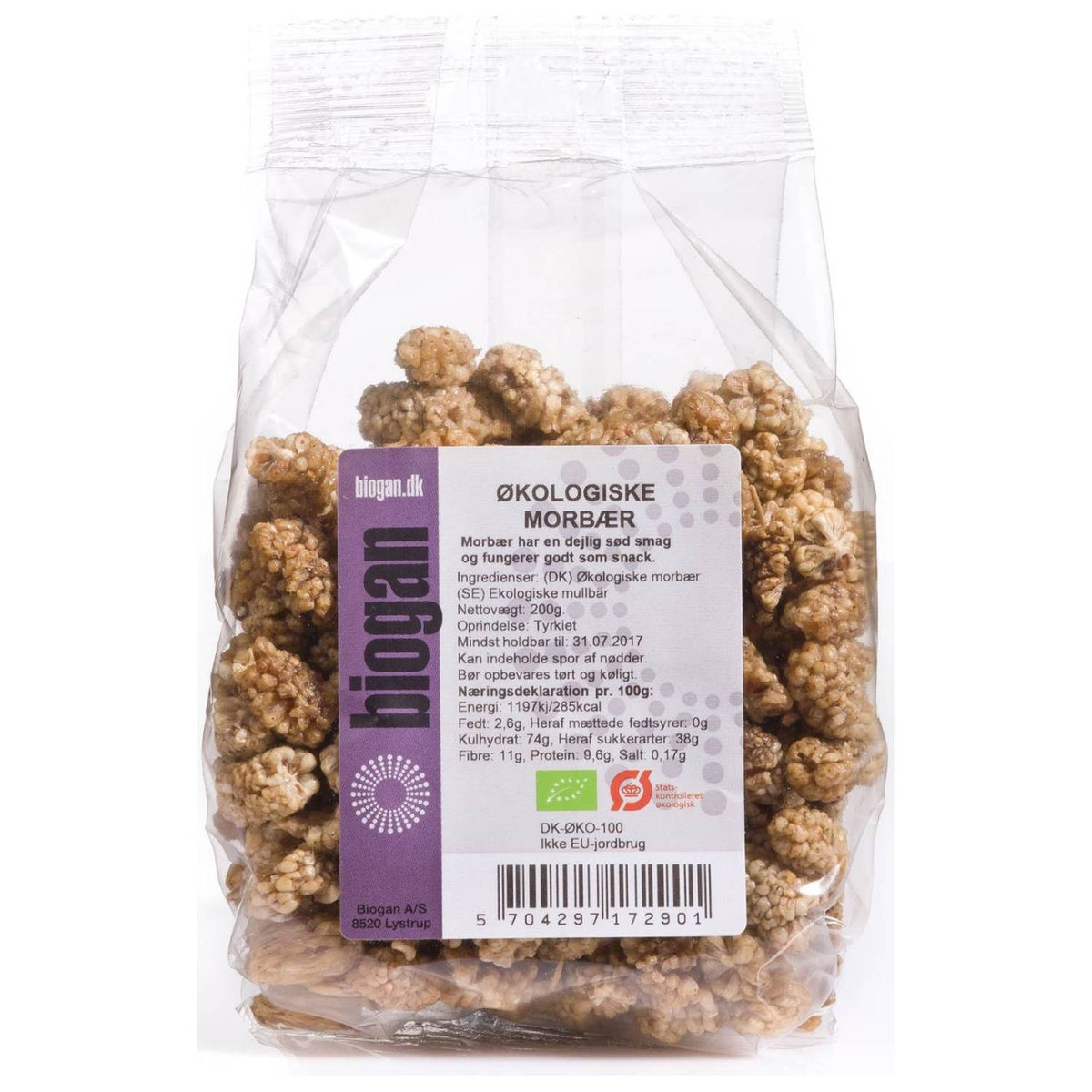 Pose med økologiske tørrede morbær fra Biogan, 200 gram