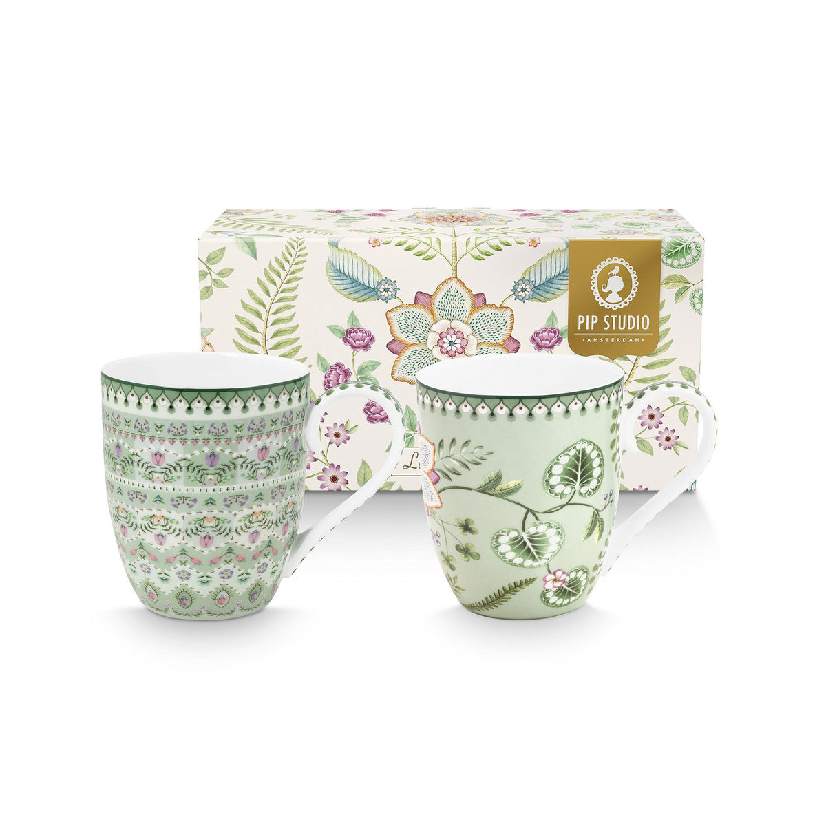 To store PIP Studio Lily & Lotus krus på 45 cl med mønster og håndtag