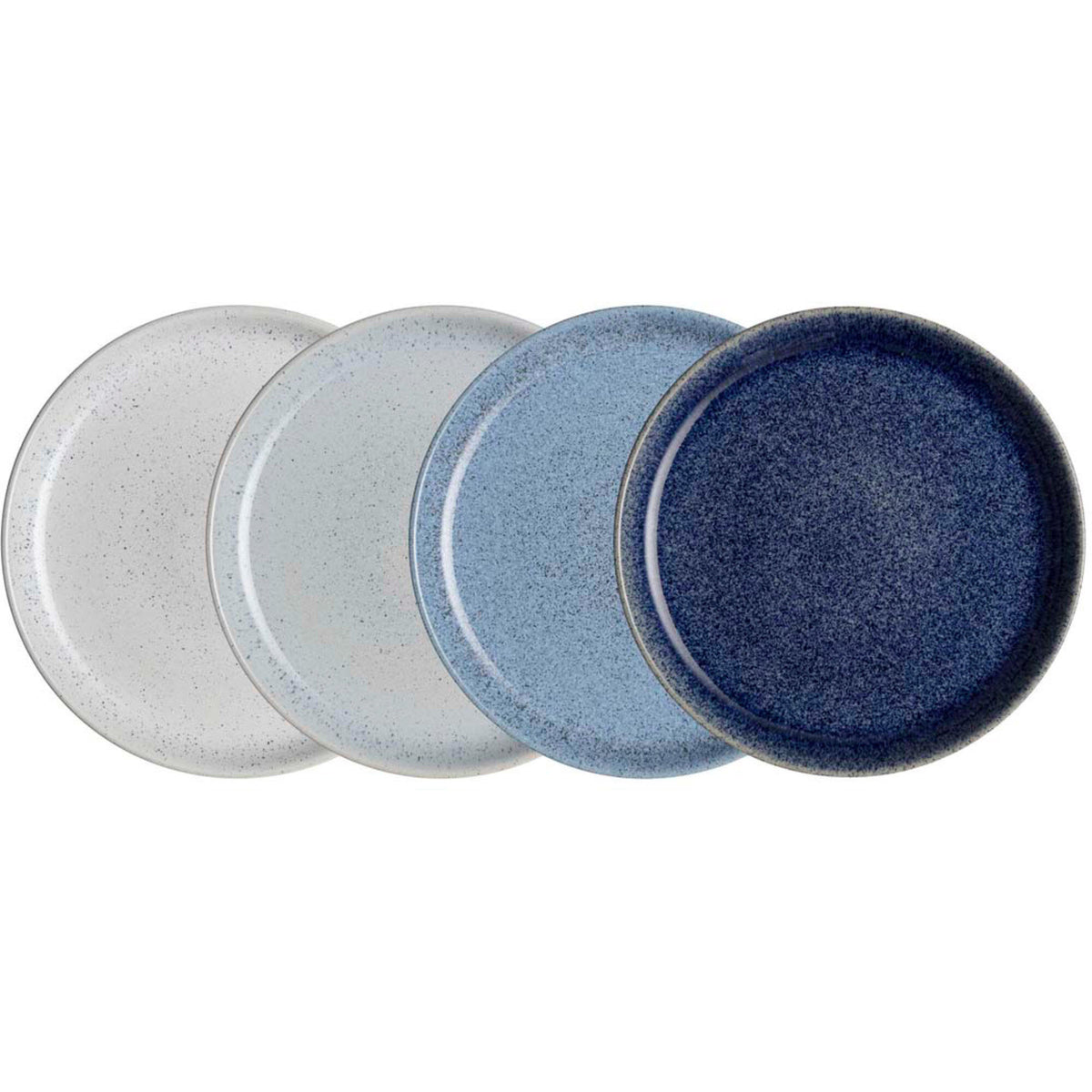 Denby Studio Blue sæt med fire tallerkener i blå, lyseblå, hvid og lysegrå