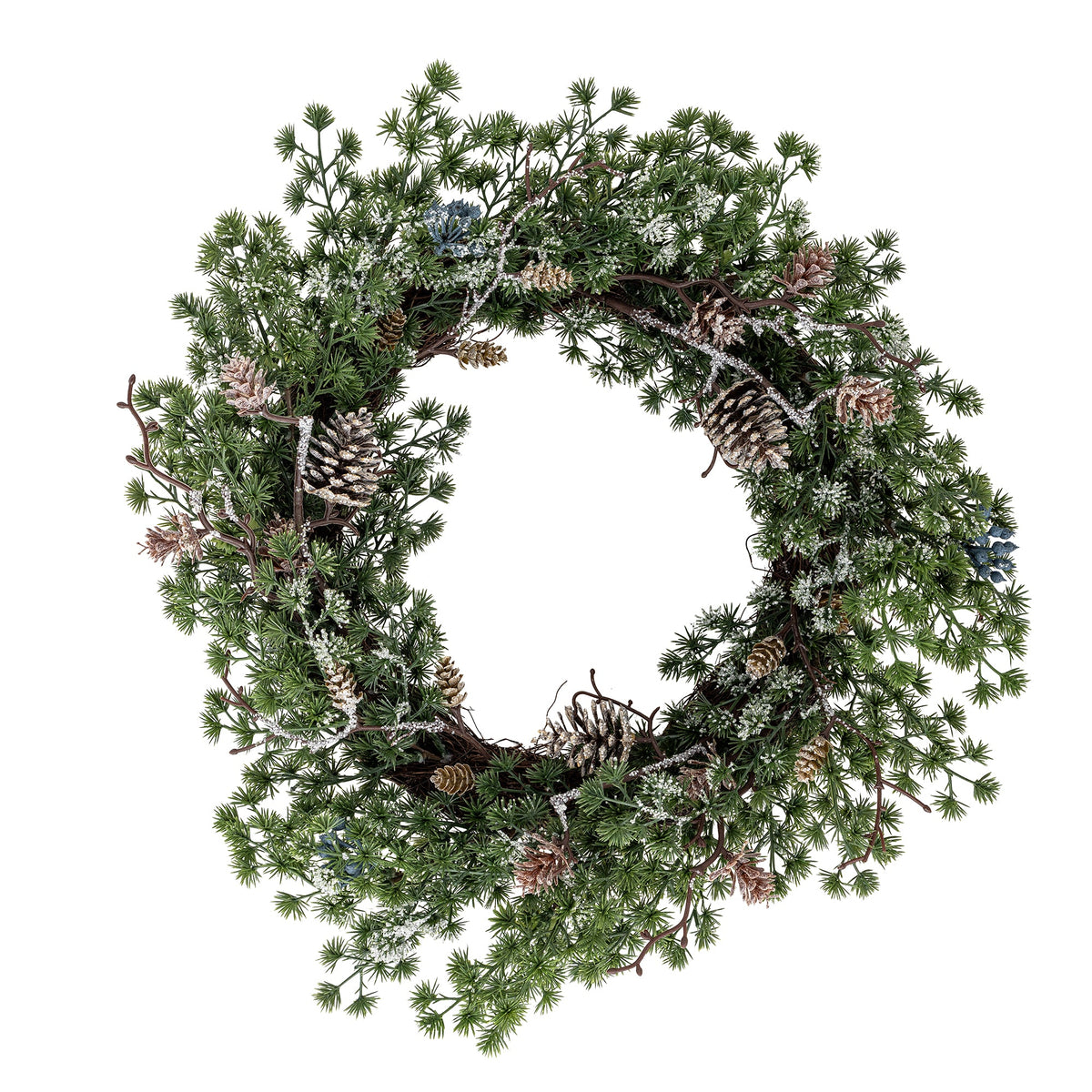 Grøn krans af kunstige blomster med sølvglimmer fra Bloomingville, modellen Cedar