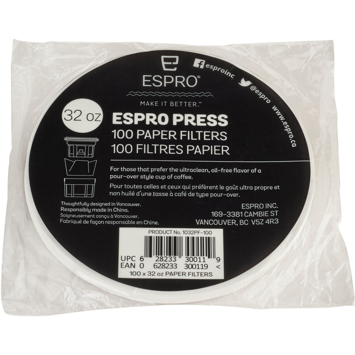 Pakke med 100 Espro papirfiltre til 0,9 liter