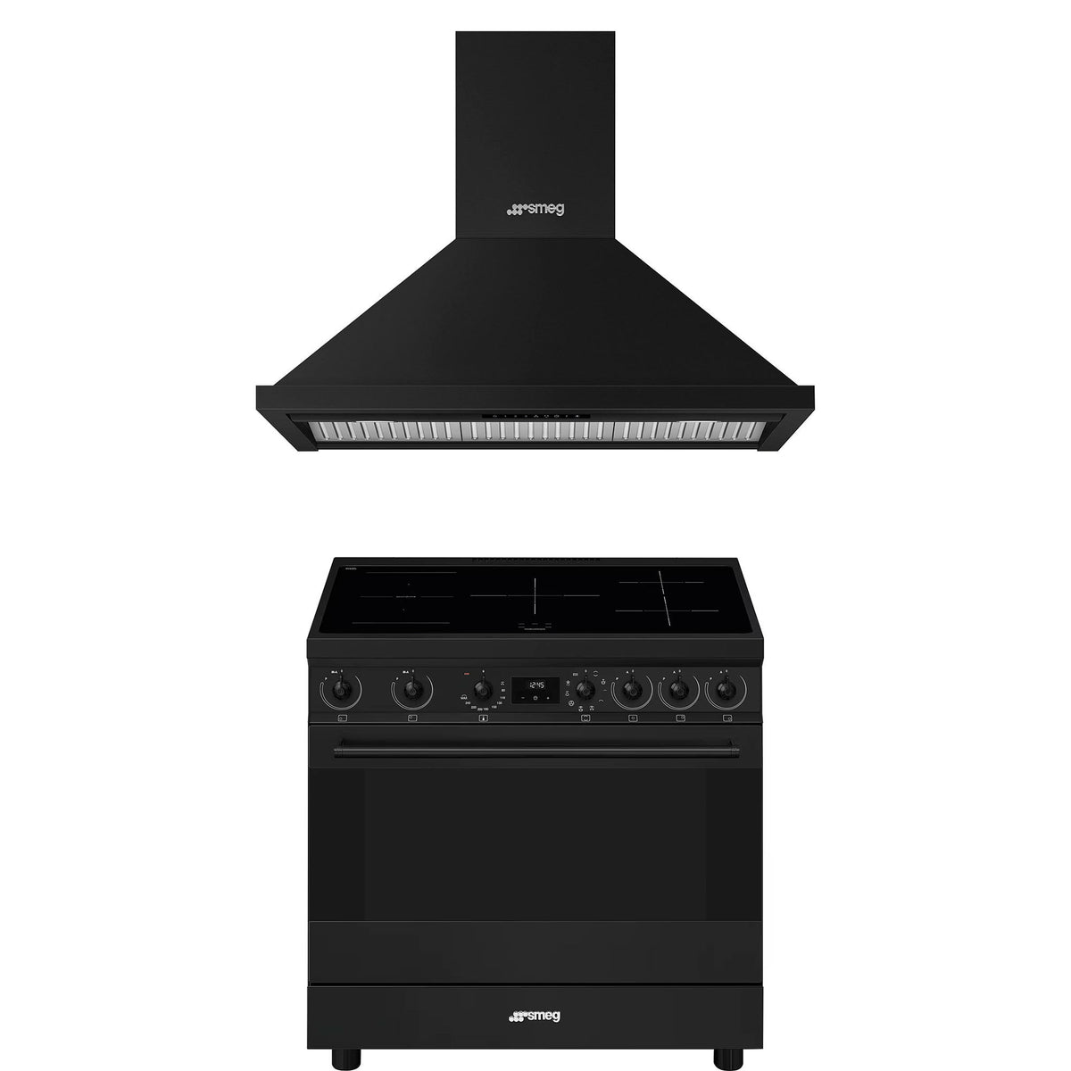 Smeg Classic induktionskomfur og emhætte på 90 cm i mat sort stål