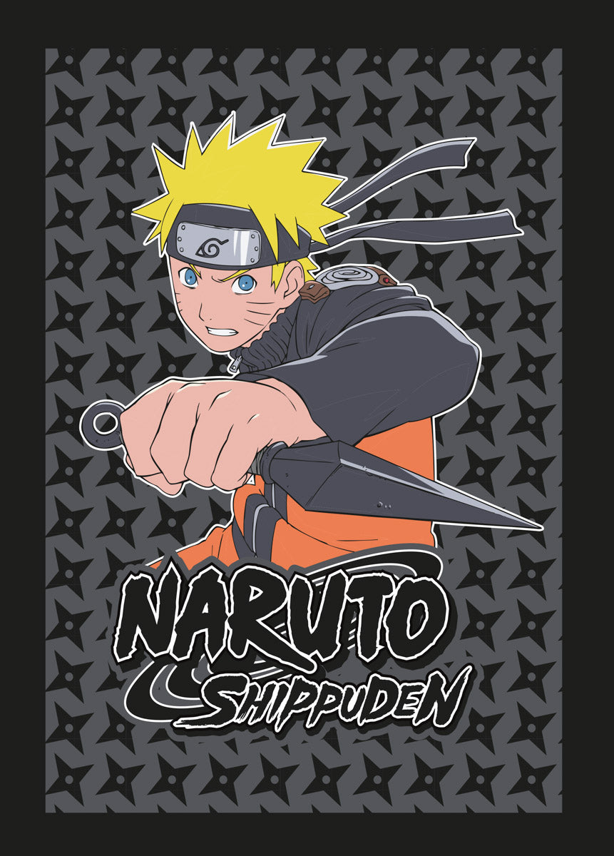 Fleece tæppe med Naruto Uzumaki og kunai på mørk baggrund med ninjastjerner