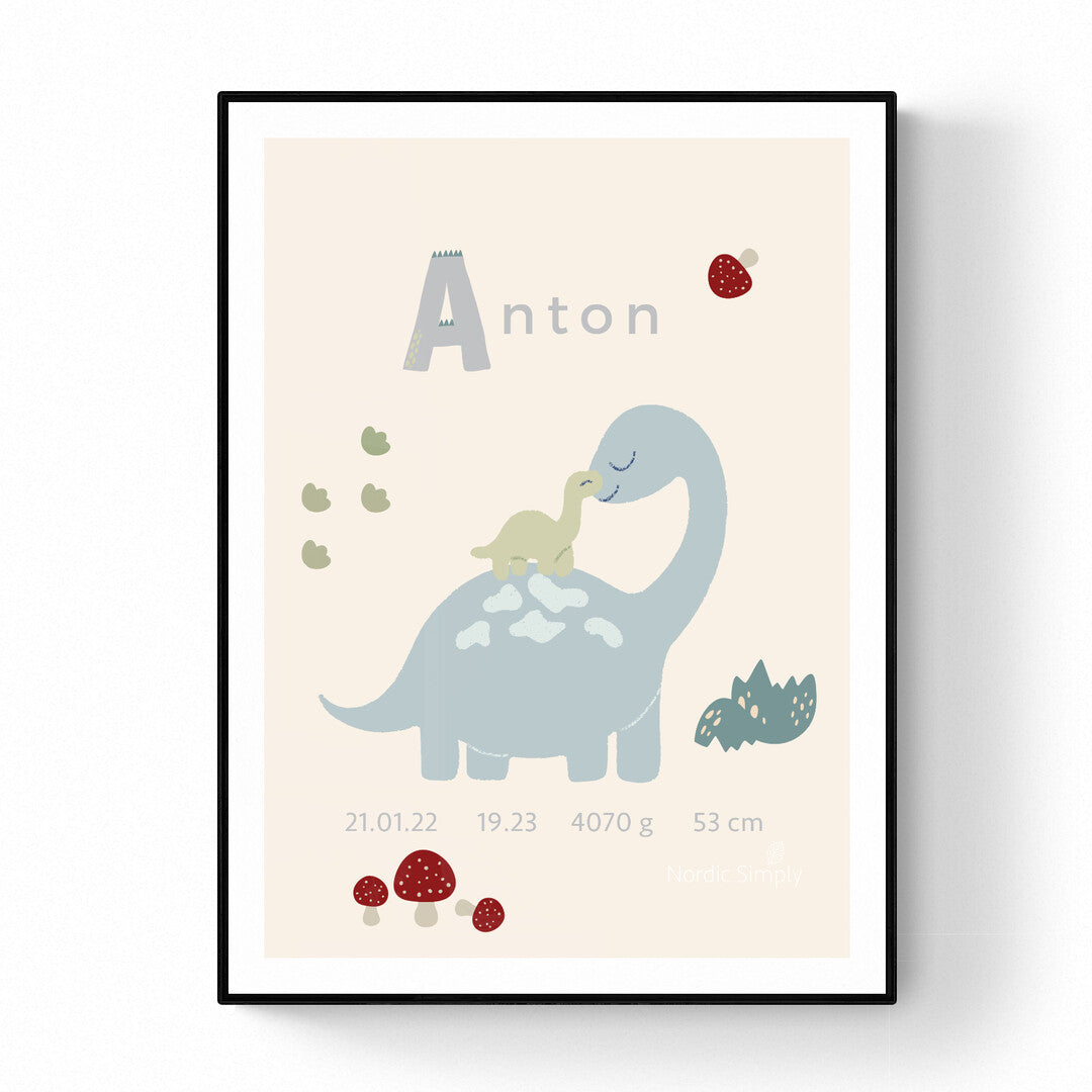 Personlig fødselsplakat med dinosaurer i 50 x 70 cm uden ramme fra Nordic Simply
