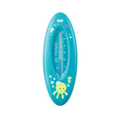 Blåt NUK badetermometer med havmotiver og små smiley'er