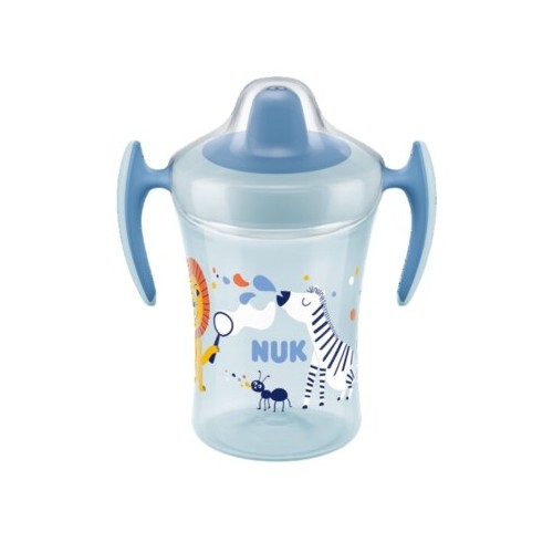 Blå Nuk Evolution Trainer Cup drikkekop med to håndtag og låg med tud