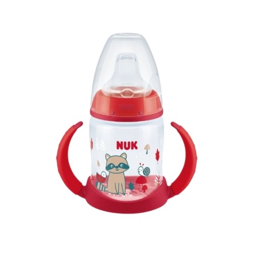 NUK First Choice+ Learner Bottle med håndtag og racoon-print