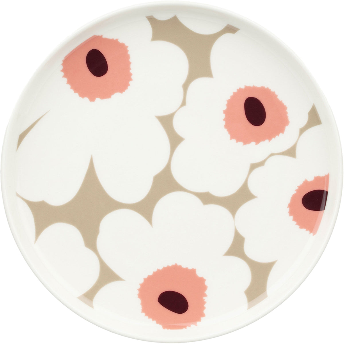 Marimekko Unikko tallerken, 20 cm, med blomstermotiv i hvid, beige og rosa