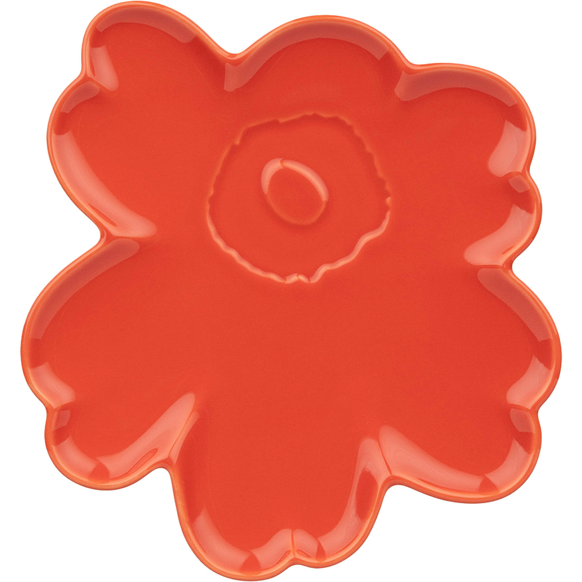 Orange Marimekko Unikko Shape tallerken på 20 cm med orange-rød glasur