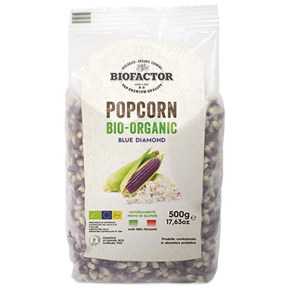 Pose med 500 g økologiske popcorn med blå majs fra Biofactor