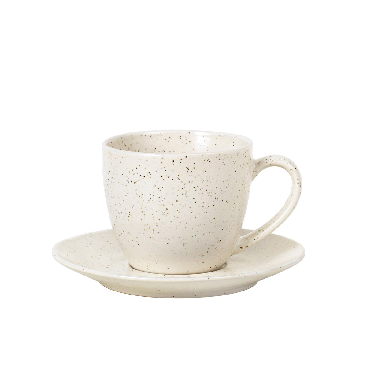 Broste Copenhagen Nordic Vanilla kaffekop med underkop i stentøj, cremefarvet og meleret