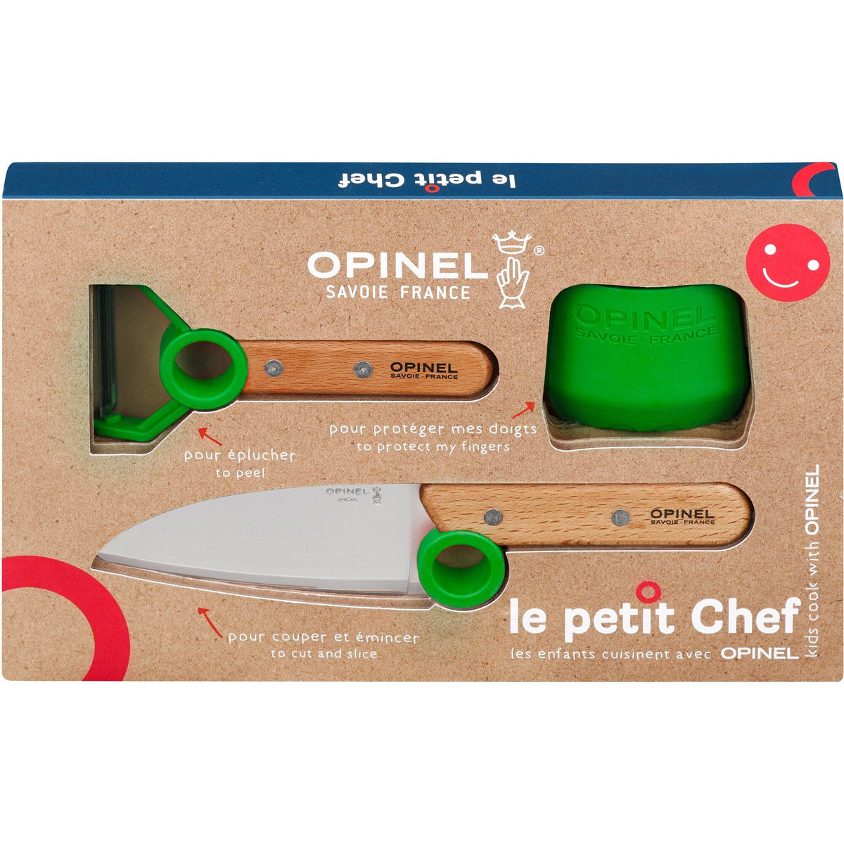 Opinel Le Petit Chef børnesæt i grøn med kniv, skræller og fingerbeskytter