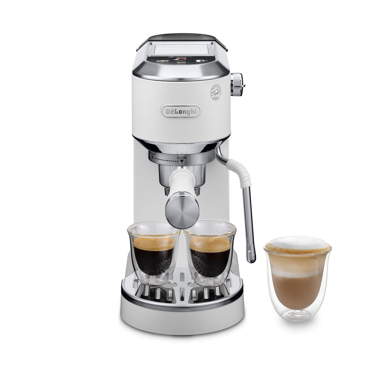 Hvid Delonghi Dedica EC890 Duo espressomaskine med digitalt display