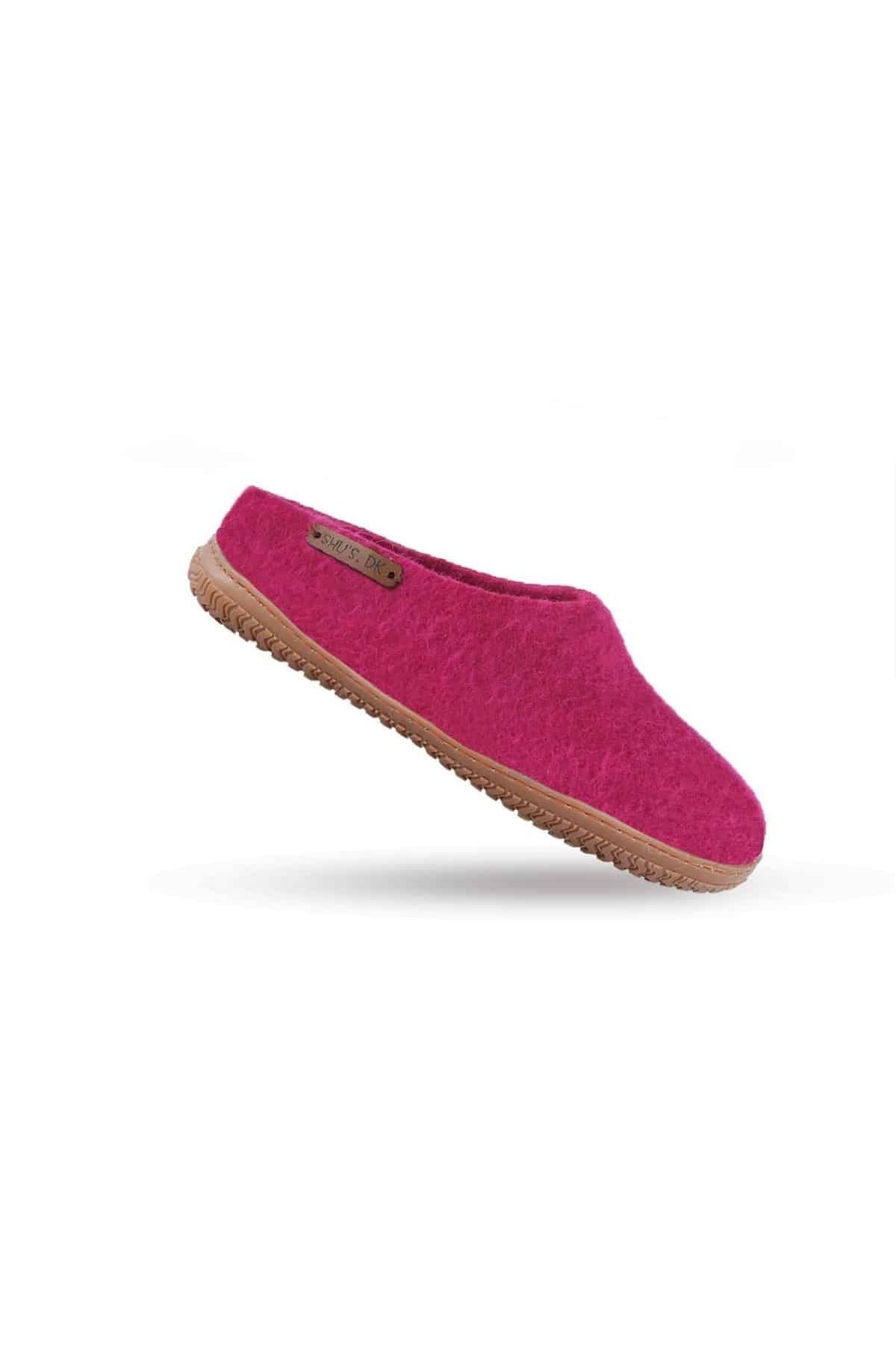 Pink uldtøffel fra SHUS med gummisål, størrelse 39
