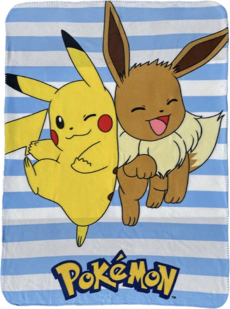 Fleece tæppe med Pokémon Pikachu og Eevee på lyseblå og hvid stribet baggrund