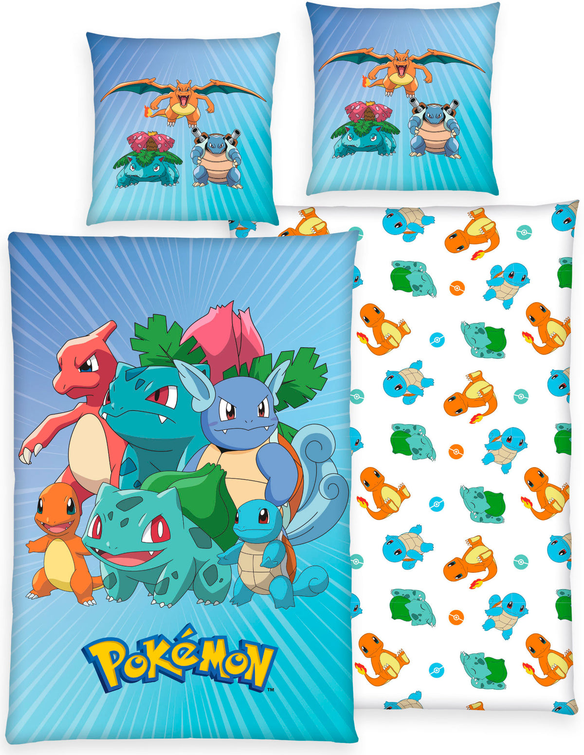 Herding Pokémon sengetøj med Charmander, Bulbasaur og Squirtle på blå baggrund med strålemønster og Pokémon-logo