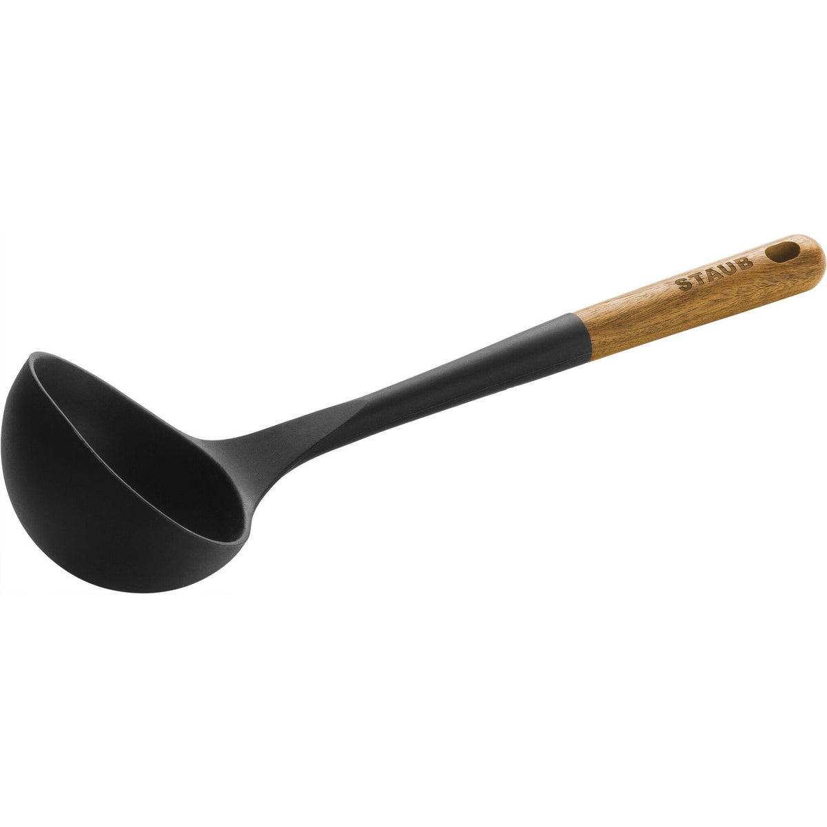 Sort grydeske fra Staub, 31 cm, af silikone og akacietræ