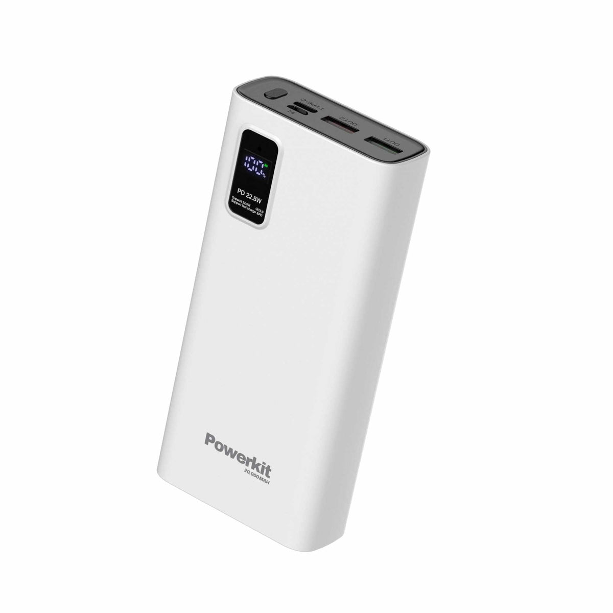 Hvid Powerkit powerbank med 20.000 mAh og indbygget display