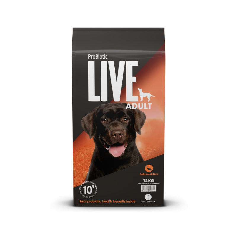Sæk med ProBiotic LIVE Adult voksenfoder med laks til hunde, 12 kg