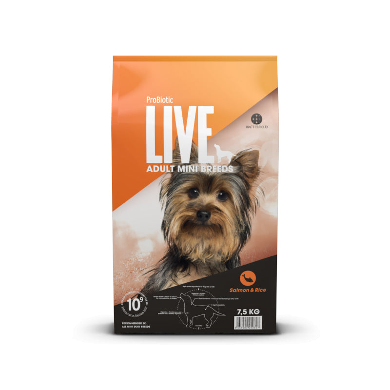Pose med 7,5 kg ProBiotic LIVE Adult MINI Breeds hundefoder med laks