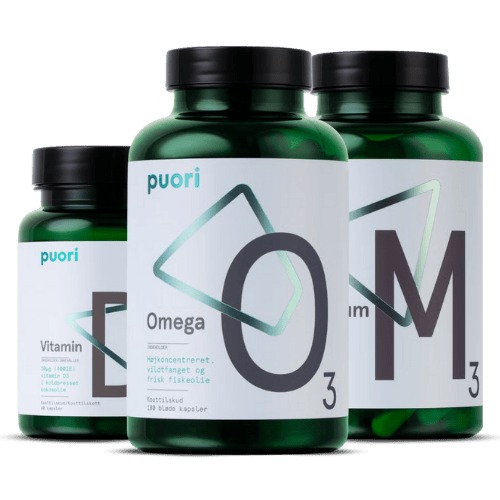 Puori pakkeløsning med O3 omega-3, M3 magnesium og D3 D-vitamin