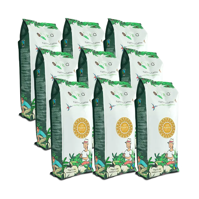 Smagskasse med 9 kg Puro Fuerte mørkristede kaffebønner til espresso