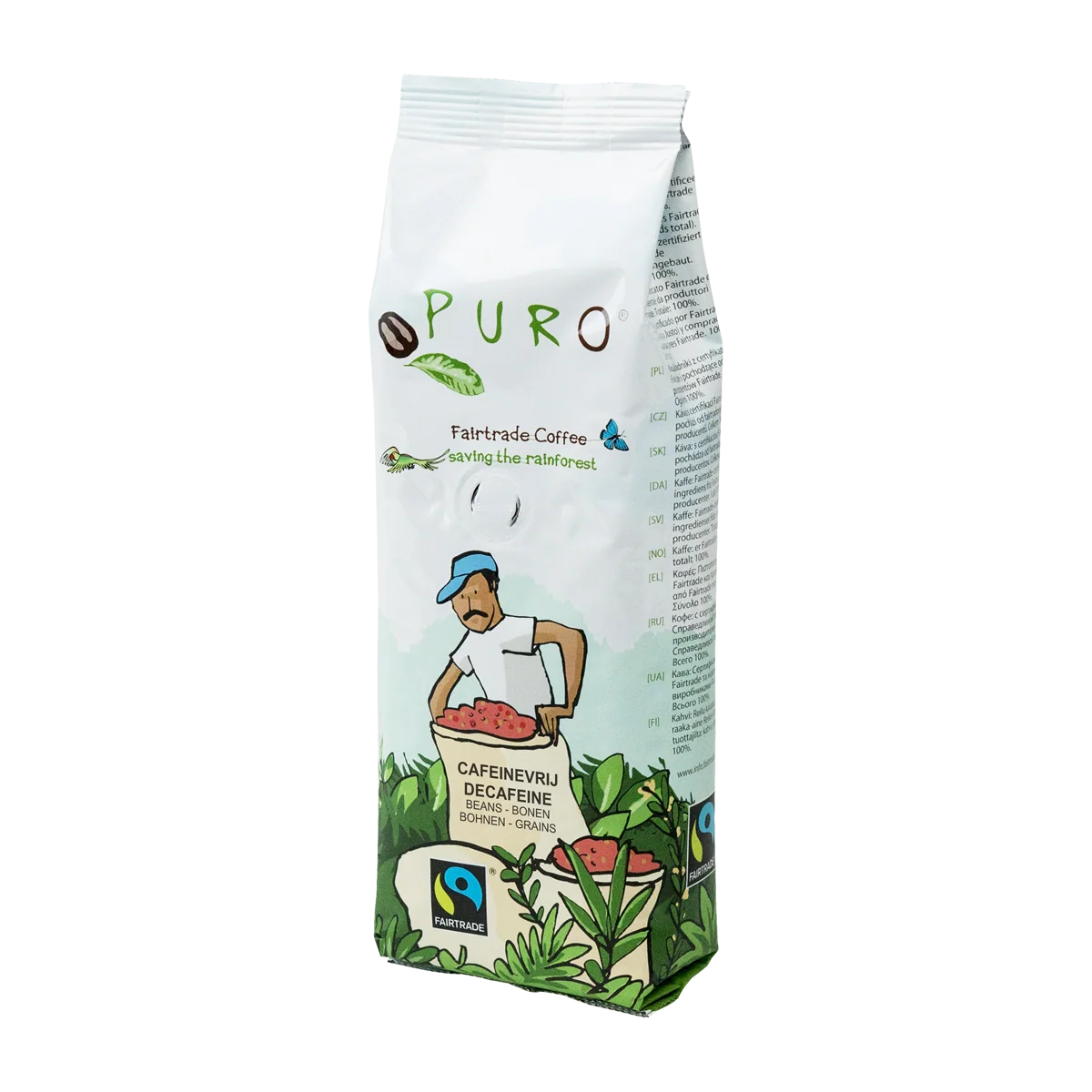 Puro koffeinfri kaffebønner i pakke på 250 g, mellemristet Arabica