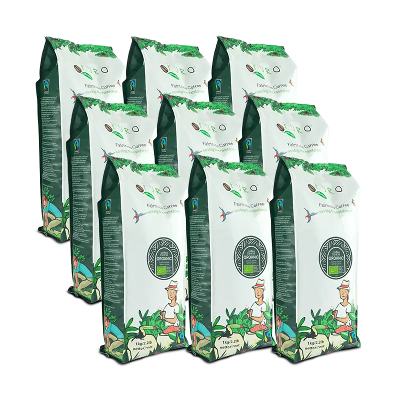 Smagskasse med 9 kg Puro Organic mellemristede arabica-kaffebønner