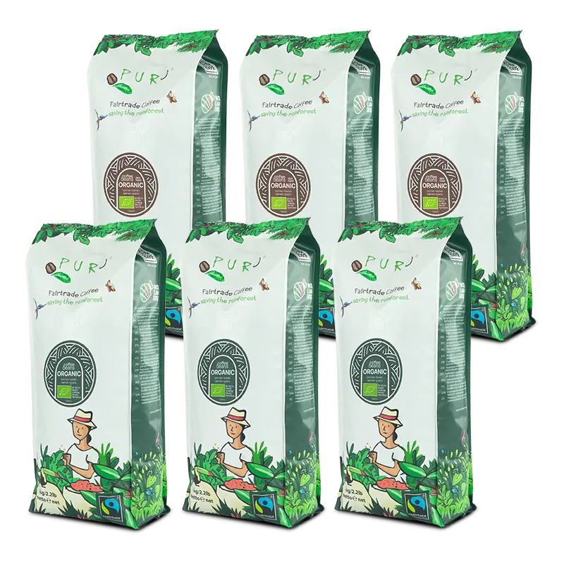 Stor Puro Organic smagskasse med 6 kg kaffebønner i to varianter