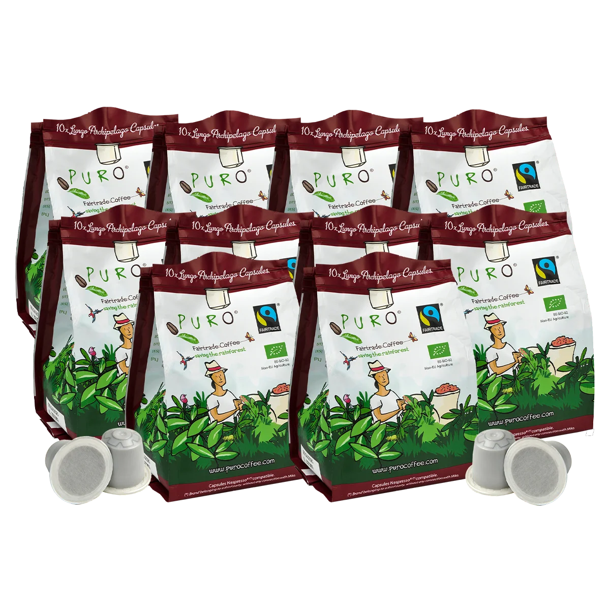Stor pakke med 100 Puro Archipelago lungo kaffekapsler