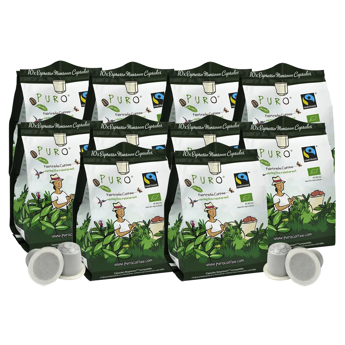 Stor pakning med 100 Puro Monsoon espresso kaffekapsler