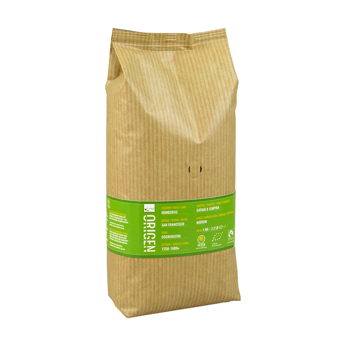 Pose med Puro Single Origin kaffebønner på 1 kg, mellemristet Arabica fra Honduras