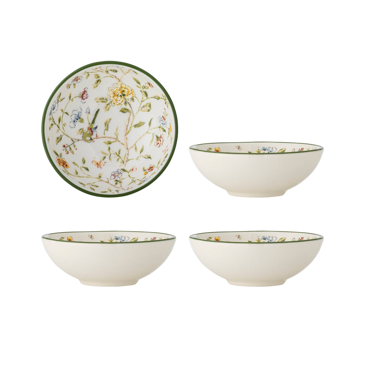 Hvid Bloomie skål i stentøj med blomstergren, fugl og grøn kant fra Creative Collection