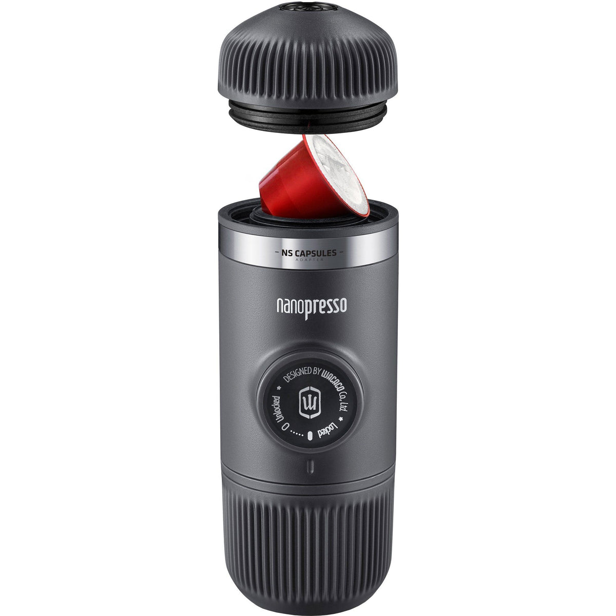 Grå Wacaco Nanopresso håndholdt espressobrygger med Nespresso-adapter