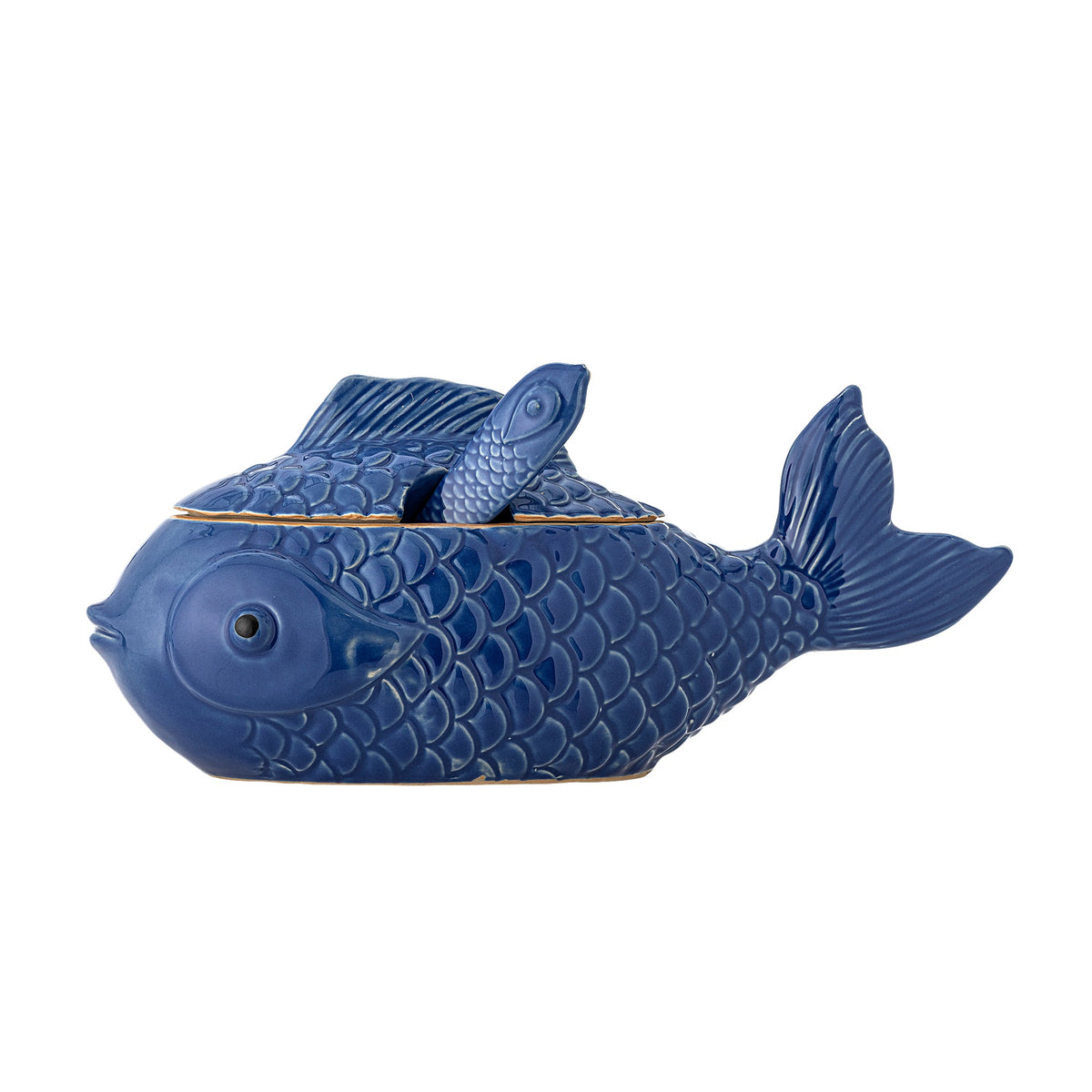 Blå Hiro krukke i stentøj formet som en fisk med låg og ske, Creative Collection