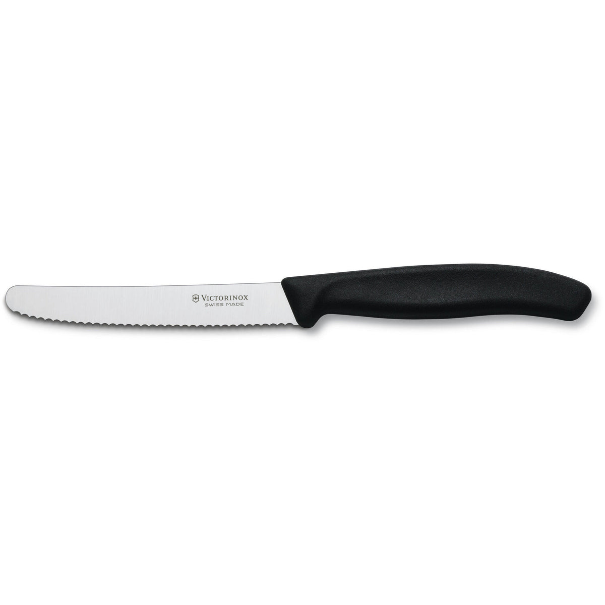 Sort Victorinox tomat- og pølsekniv på 11 cm med tandet knivblad