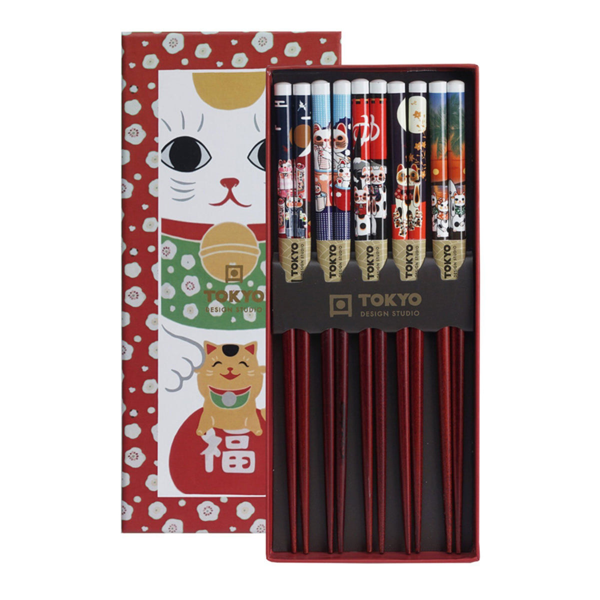 Tokyo Design Studio gavesæt med fem par spisepinde, lucky cats