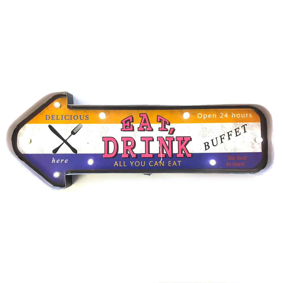 Retro metalskilt med teksten EAT DRINK og LED-pærer