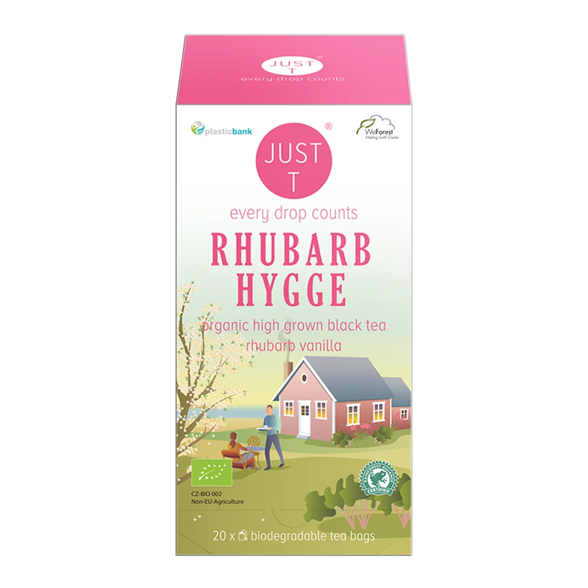 Just T Rhubarb Hygge aromatiseret sort brevte med vanilje og rabarber
