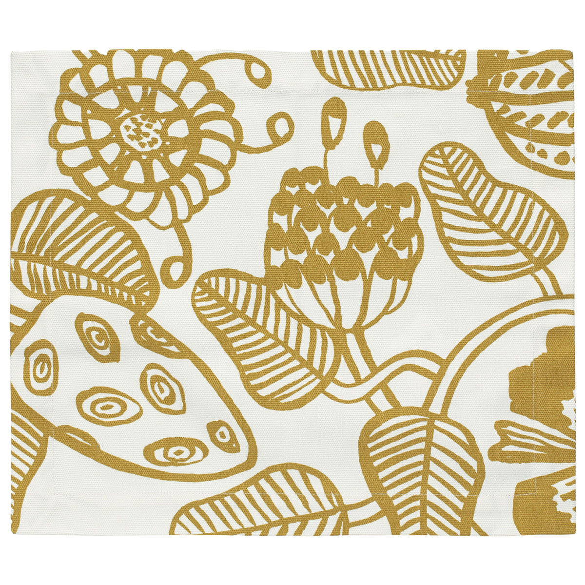 Marimekko Tiara dækkeserviet i hvid og guld med detaljeret blomstermønster