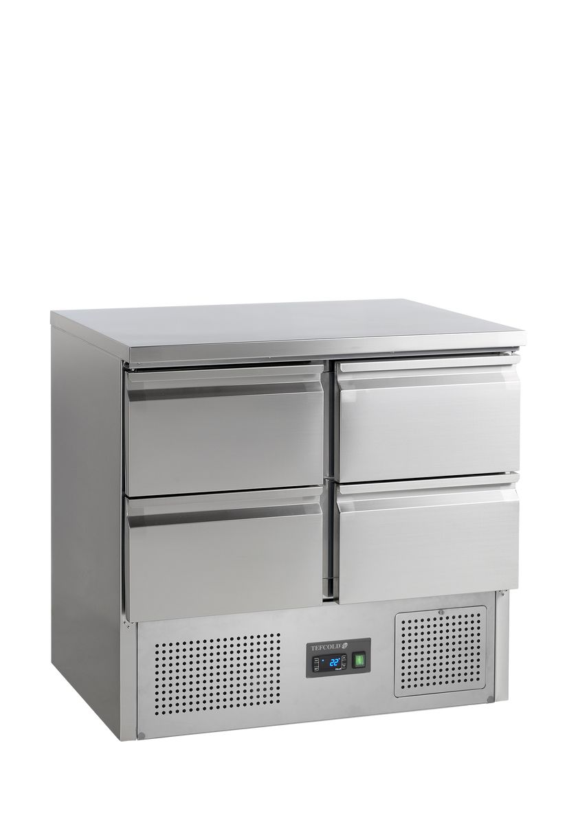 Tefcold SA914 saladette i rustfrit stål med fire skuffer