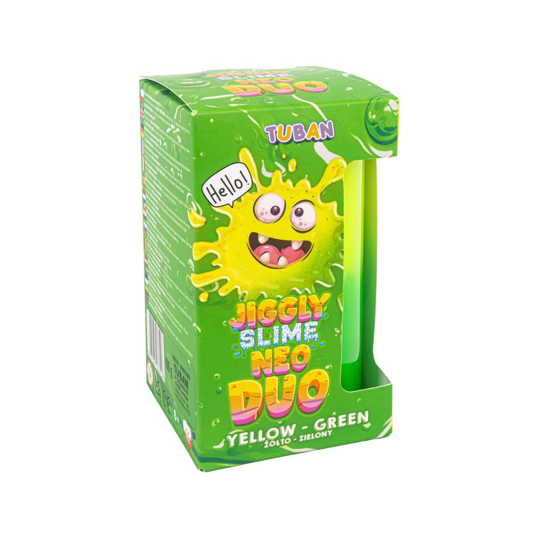 Bøtte med neon slim i gul og grøn fra Tuban, Jiggly Slime Neo Duo