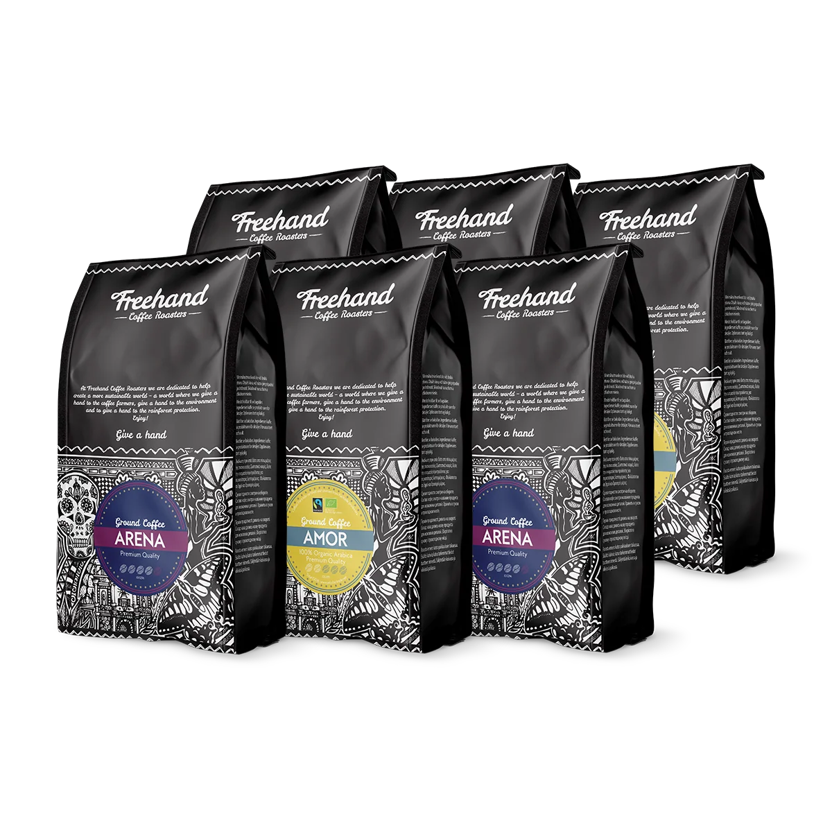 Freehand Den formalede kaffe smagskasse med filterkaffe Amor og Arena, 6 kg
