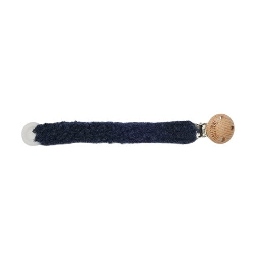 Navyblå suttesnor i bouclé merinould med clips fra Smallstuff
