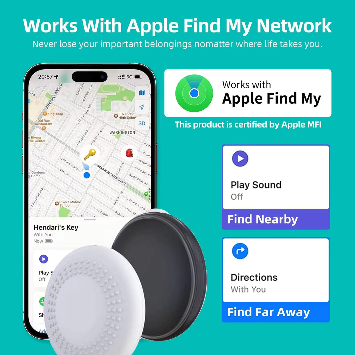 Hvid Busters GPS tracker Find My Tag til nøgler, tasker og barnevogn