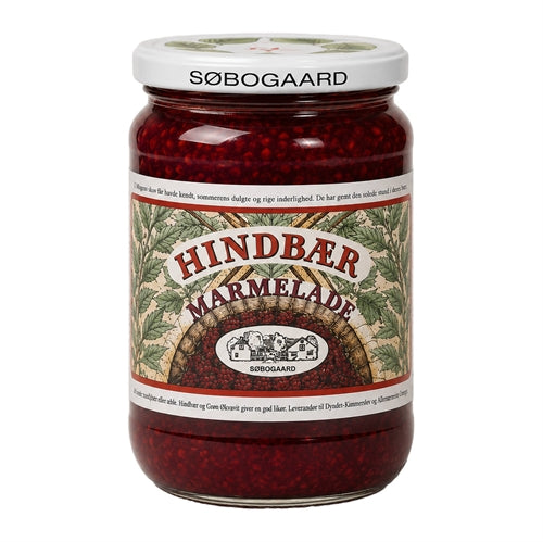 Glas med økologisk hindbærmarmelade, 390 gram, fra Søbogaard