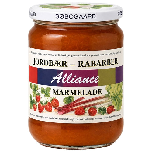 Glas med Søbogaard økologisk jordbær- og rabarbermarmelade, 400 gram