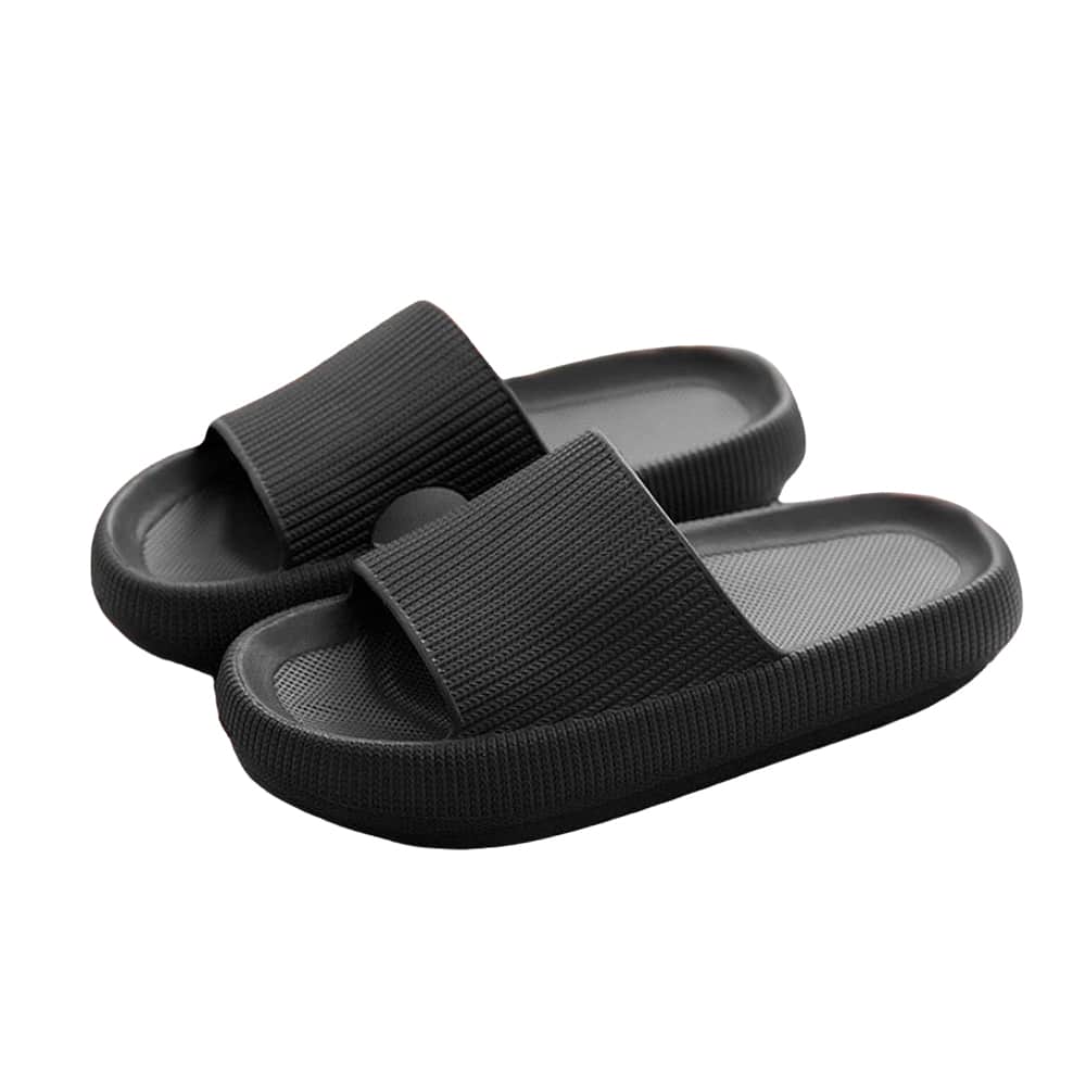 Sorte slippers af blød EVA med tyk sål i størrelse 44/45, kendt som Happy Flops